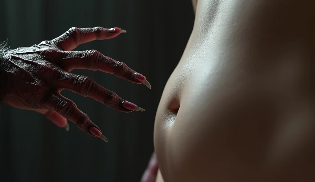 A life-sized demon hand slowly descending toward a female navel on a naked female body. The hand should be highly detailed and realistic, with its demon scales and delicate body clearly visible. The female navel should be in focus, with sharp details such as the navel and the texture of the stomach. The scene should convey a sense of closeness and tension, capturing the moment as the demon hand approaches the navel. She is naked. busty boobs
