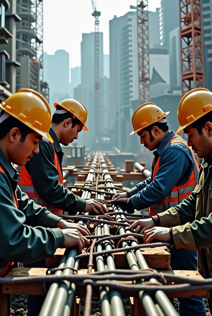 A group of Hong Kong people at a construction site ，Tie iron。Steel rod tied into a bow