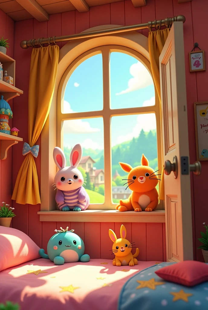 Cartoon house interior window and bed, door 16.9