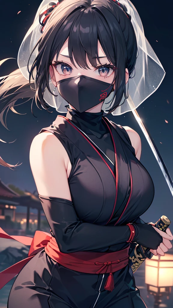 (((Best quality, 8k, Masterpiece: 1.3)), ((best quality)), ((masterpiece)), (detailed), perfect face, black hair, side ponytail, mouth veil, (ninja), female ninja, grim expression, holding a Japanese sword, running in the dark night, ninja costume