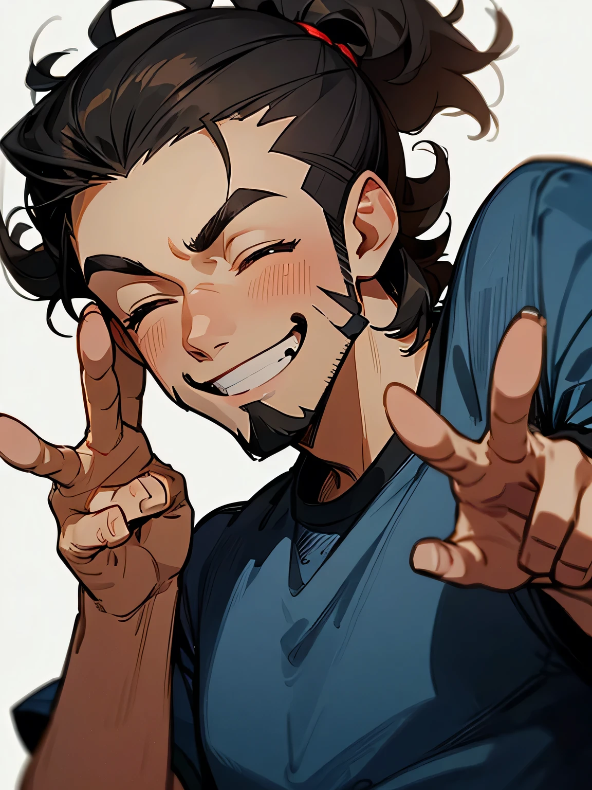 solo, upperbody, man, black upside short perm sideshaved, (dark skin:1.2), big forehead, close up handsome face,(closed eyes big funny smile), beard:0.6, black t-shirts, jeans, (peace sign both hands), model pose,proud smile, (I am the main character), white simple back ground,