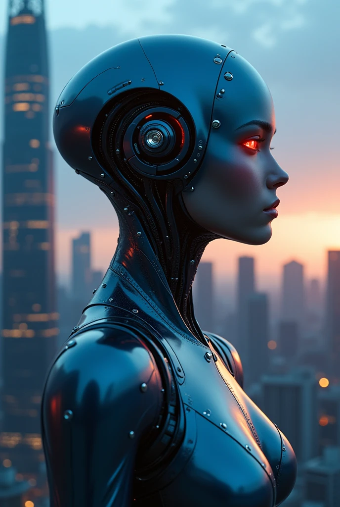 A meticulously detailed, hyper-realistic photo of a futuristic, cyberpunk-style portrait of a humanoid figure, likely an advanced android or cyborg. The figure dominates the foreground, shown in a striking profile from the shoulders up, revealing its sleek and sophisticated design. The background features a cityscape with towering skyscrapers, transitioning from deep blue twilight to golden hues near the horizon.

The body of this futuristic being is crafted from smooth, metallic surfaces primarily in deep, lustrous blue, with reflective areas that catch and play with hints of orange and white light. The form is distinctly feminine, with elegant, curved lines emphasizing its graceful yet powerful presence. The head is particularly captivating, featuring delicate and feminine features with otherworldly beauty and glowing red eyes that emit a soft, hypnot