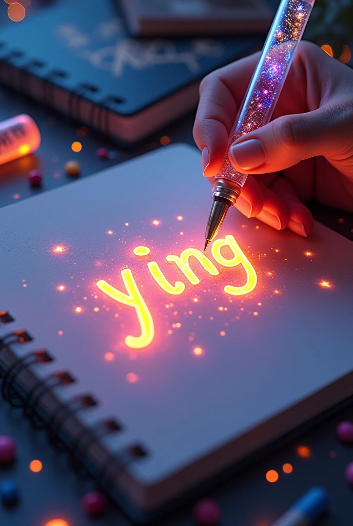 Fascinating, hyper-realistic 16K 3D illustration captures a magical moment of pure creativity. An artist is skillfully depicting a message, "ying", In the notebook. The text is composed of Energetic, The color of the sepia star smoothly transitions across the spectrum. Artist's Hand, Holding a transparent pen filled with bright stars, Exquisite details, Symbolizes unlimited creativity and imagination. The background is a 3D sketchbook setting,Scattered throughout, For this charming, gameffiti-inspired scene. The illustration radiates energy, move, and Energetic colors, Making it a true work of art that celebrates creativity and imagination., game, Movie, Energetic, gameffiti, , typogamephy, product, illustration, photo, 3D Rendering, Fashion, Dark Fantasy