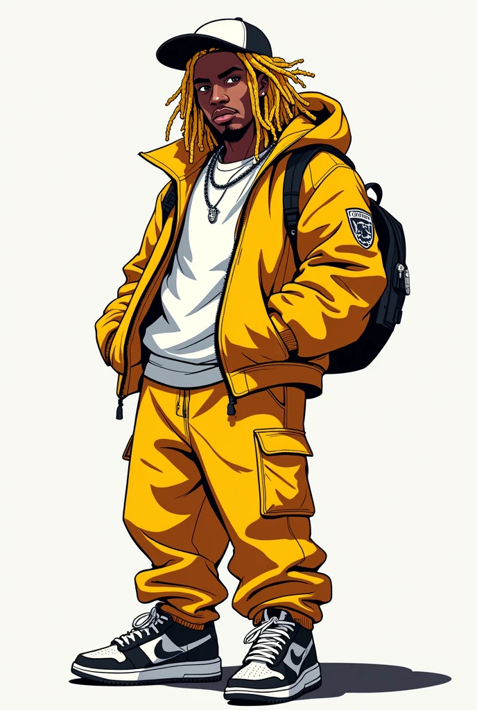 un homme de type noir americain avec des dreadlocks blond, habillé dans un style urban large avec une casquette, dan sun style bd entre manga et comics