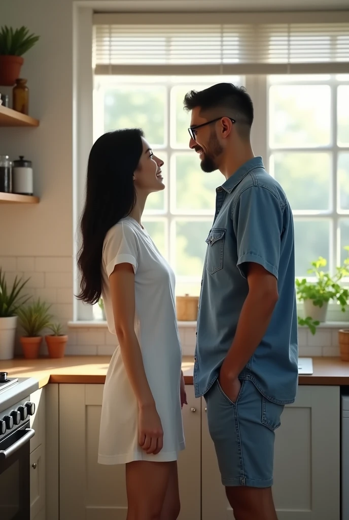 Like real photo, married couple about 40 years old,she is about 175cm tall, black long hair wearing white short dress,he is about 185cm tall ,black short hair,blue short denim shorts and denim shirt,with glasses, black short hair, both are in a kitchen ,window without curtains, about 1m apart and talk