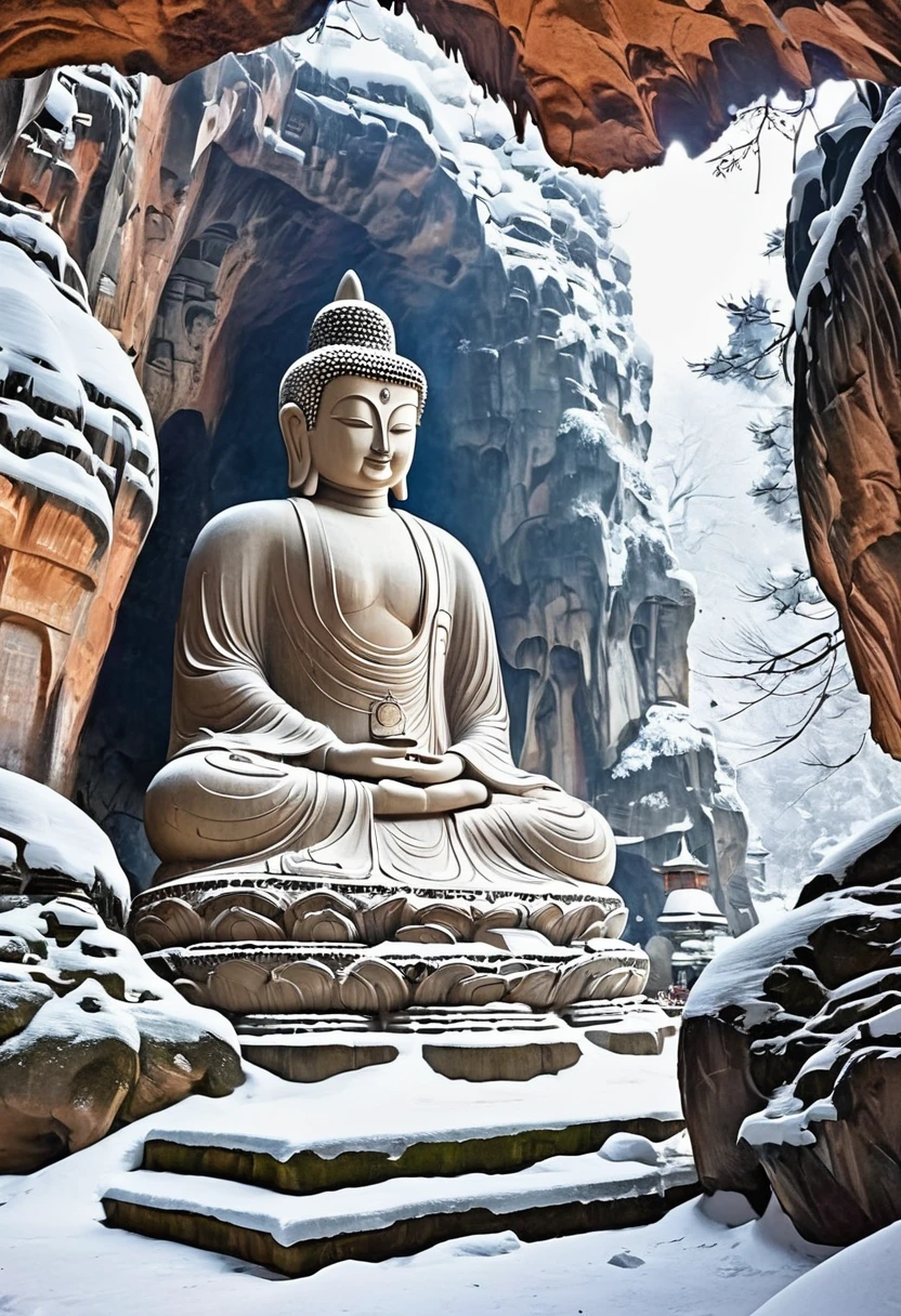 Cave carvings，A huge Buddha statue,Snow Fairy Tale