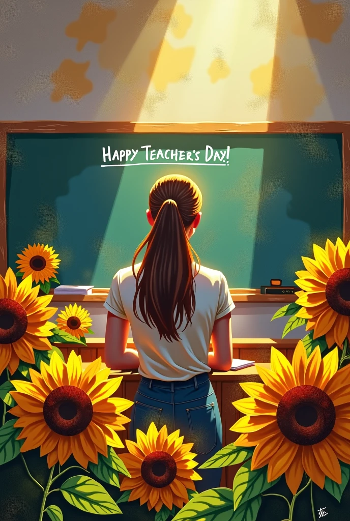 Teacher's Day，In the morning, a teacher was standing in front of the podium and giving a lecture.，There is a bunch of sunflower flowers on the podium，The sun shines on the teacher and the flowers，The atmosphere of light and shadow is strong，Some halo in the foreground，author monet，Impressionism，painting，Texture，Colorful blackboard with &quot;Happy Teacher&#39;s Day&quot; written on it