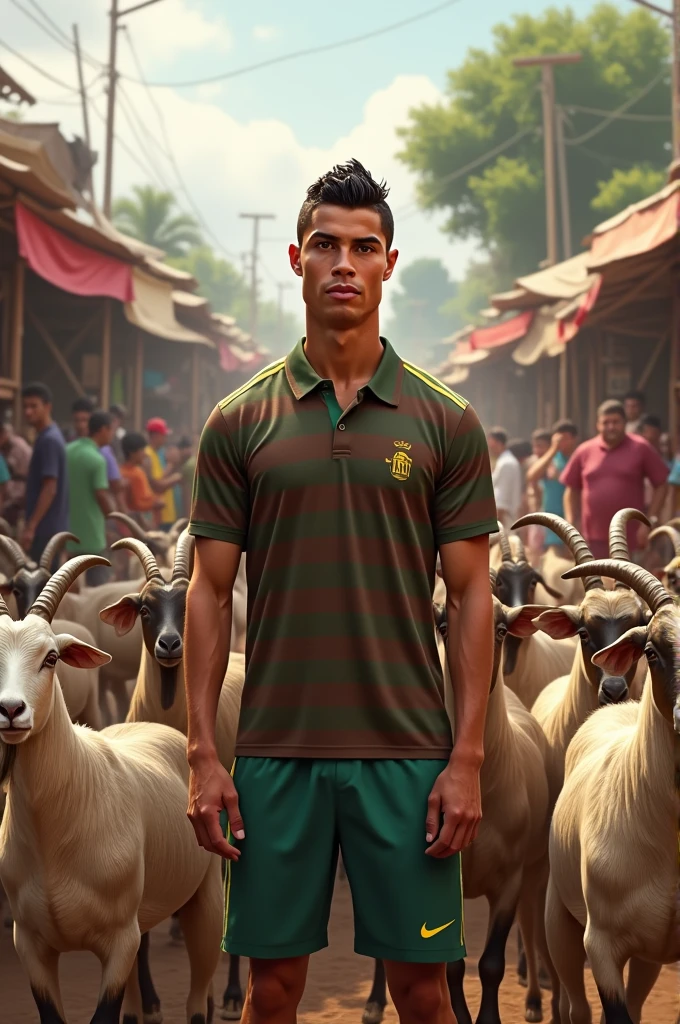 A bustling marketplace filled with livestock. Cristiano Ronaldo, wearing a brown and green striped polo shirt, stands amidst a group of goats, holding one by the neck. The scene is lively, with people in the background going about their activities, some wearing colorful attire. The setting is rustic, with makeshift stalls and a variety of animals around. The overall atmosphere is vibrant and energetic.