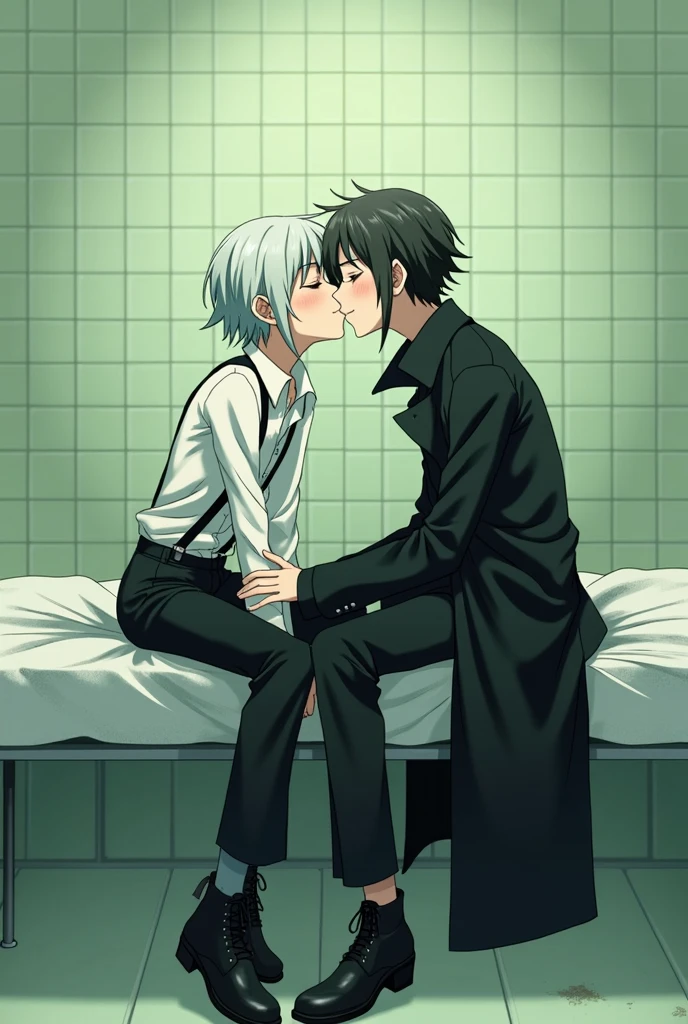 atsushi and akutagawa from bungo stray dogs playfully kissing. Draw them as they are depicted visually in the Bungo Stray Dogs anime. no furries. atsushi has black suspenders over a white disheveled button up shirt, black pants that stop at his calves, black chukka boots. Atsushi is adorable and naive and innocent, has short choppy bright silver hair in an asymmetrical bob haircut with one long sidelock that goes down to just above his shoulder. Akutagawa wears an all black suit, he is very very thin and slender, wears a long sinister black trenchcoat with the lapels and collar flipped up around his neck. Akutagawa has short choppy spikey hair in a punky bob haircut. He has two sidelocks that fade to pure white at the ends that stop just above his shoulders. His trenchcoat is always fluttering dramatically around him. They are joking around flirtatiously, and end up with a cute kiss. They are sitting side by side cross-legged on a hospital bed in a tiled pale green-tinted dusty old room.