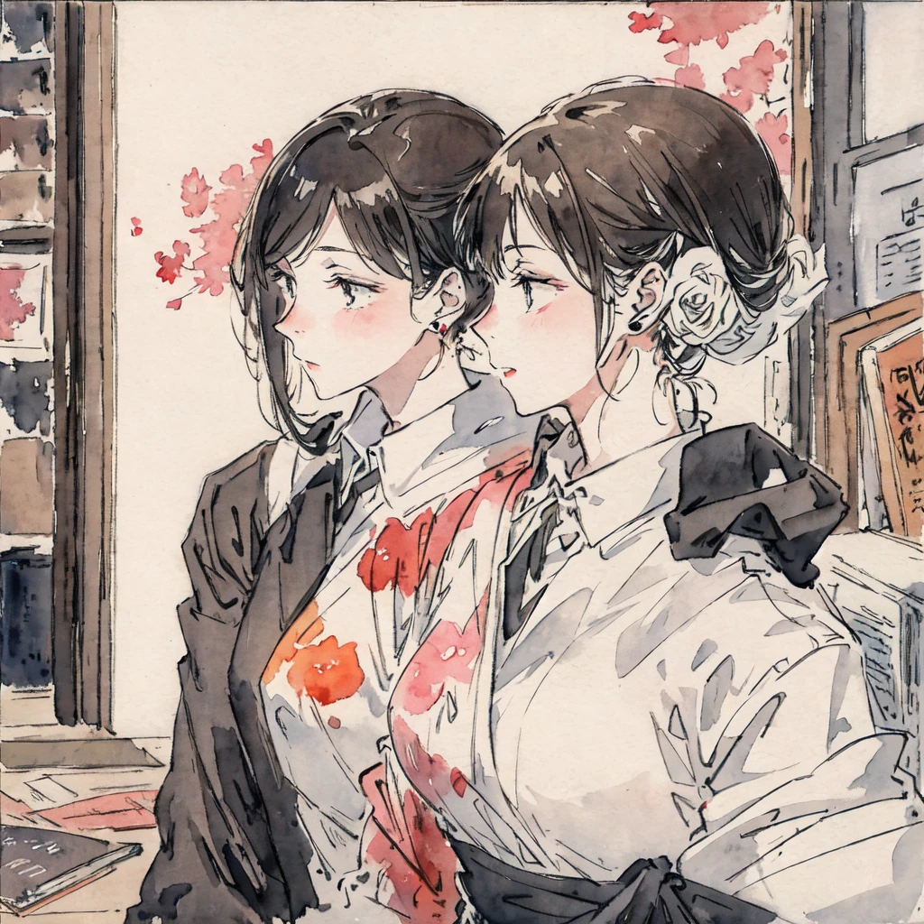 watercolor:1.2), watercolor, company, Number of people,1 Office Lady,Everyone except her is wearing a jack-o'-lantern、profile,、Painting \(Moderate\),mechanical