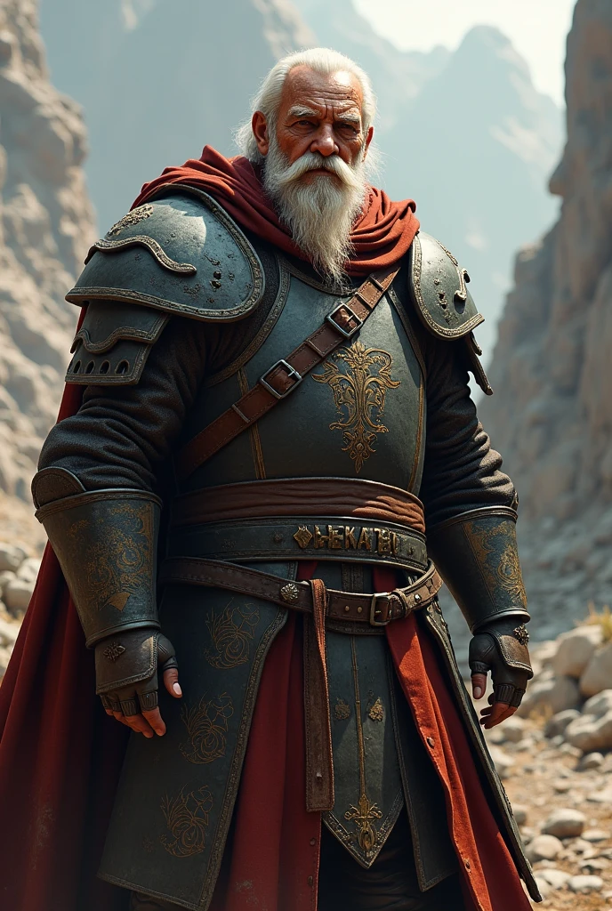 He is an old man with a mustache and a pair of teeth wearing armor.