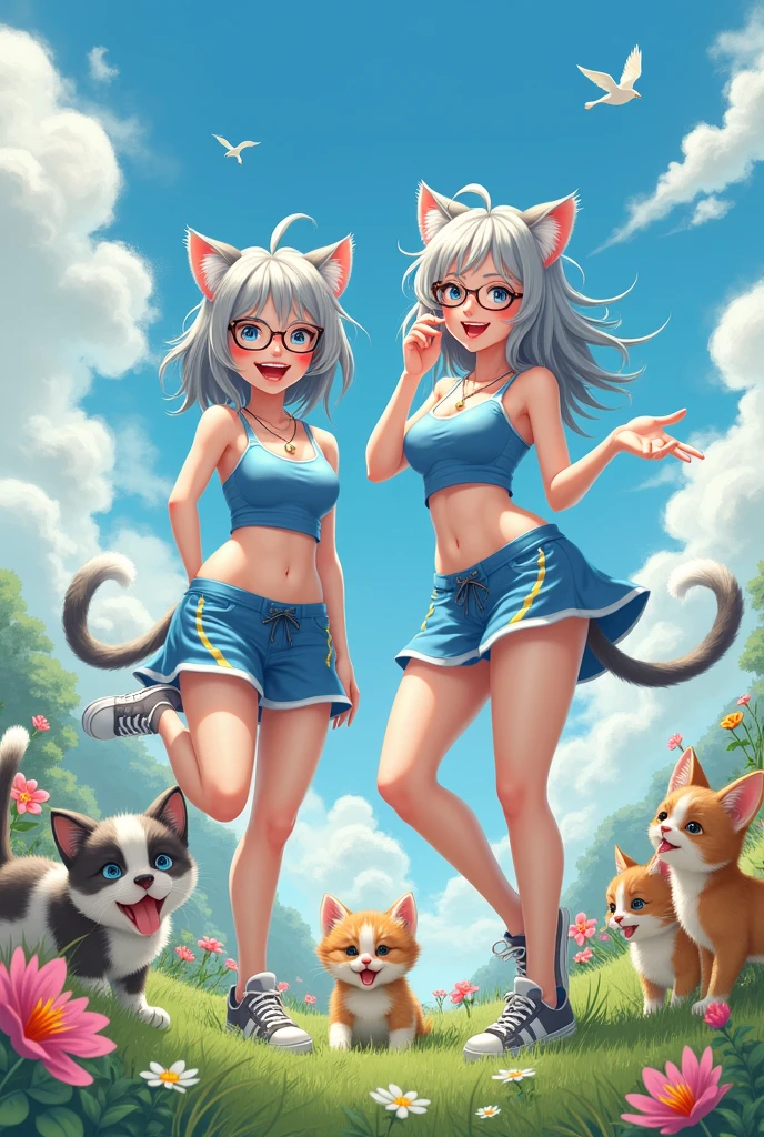 scene of clear sky, grass field, trees, and 2 Korea cheerfully woman. she has silver messy hair , fluffy cat ears, fluffy cat tails. she wearing blue cami tops and sport skirt, necklace , glasses. she posing like happy cat, glistening legs hips & lower abdomen, hip bone, hourglass figure , comically sized pecs , kittens and puppy playing around .vivid birds in the sky, full of flowers,