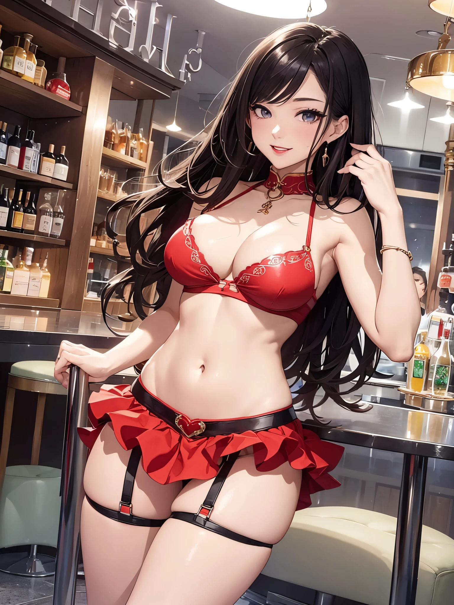 High definition、Highest quality、Skin like in the picture、Flowing hair texture、Red lips、G-cup bust、Smiling Beauty、Woman in a lovely colorful tank top、Chest cleavage、belly button、chest、Midriff look、Pole dancing beauty、At the cafe bar、shrine、Colorful garter belts and fishnet stockings、A woman being covered in a large amount of milky liquid、Navel exposed、Short skirt、T-back shorts、whole body、Beautiful woman in standing pose、Thighs、Cleavage、stiletto heels、Nice body、
