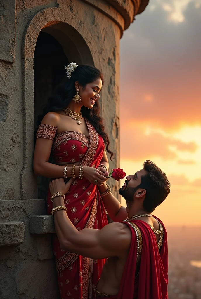 A dramatic selfie taken by a joyful, full-figured busty Sri Lankan woman adorned in ancient jewelry and traditional robes. She leans gracefully from the window of a tall, weathered stone tower, which has an abandoned and dusty appearance. Below her, a muscular Sri Lankan prince, dressed in regal ancient robes, is crawling up along the walk of the tower, holding a rose between his lips as he reaches out toward her,sunset,evening sky,