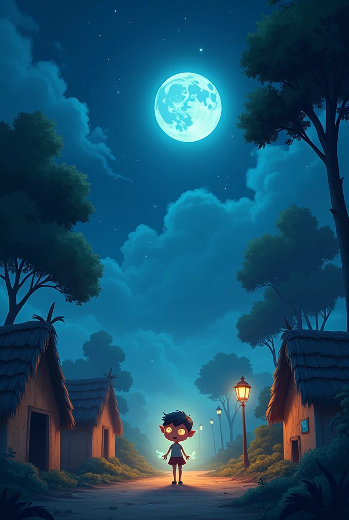 Create in the style of viral real cartoon digital illustration in 4K quality, " in the night Silence of a small village, a mysterious child is being born. The child has a unique glow in his eyes, shining in the dark. The villagers, full of anxiety and astonishment, are watching the child from afar. The huts of the village and the surrounding trees are also making the atmosphere of this mysterious phenomenon even more mysterious. The light of the moon and the cold wind of the night are making this scene even more sanitised."