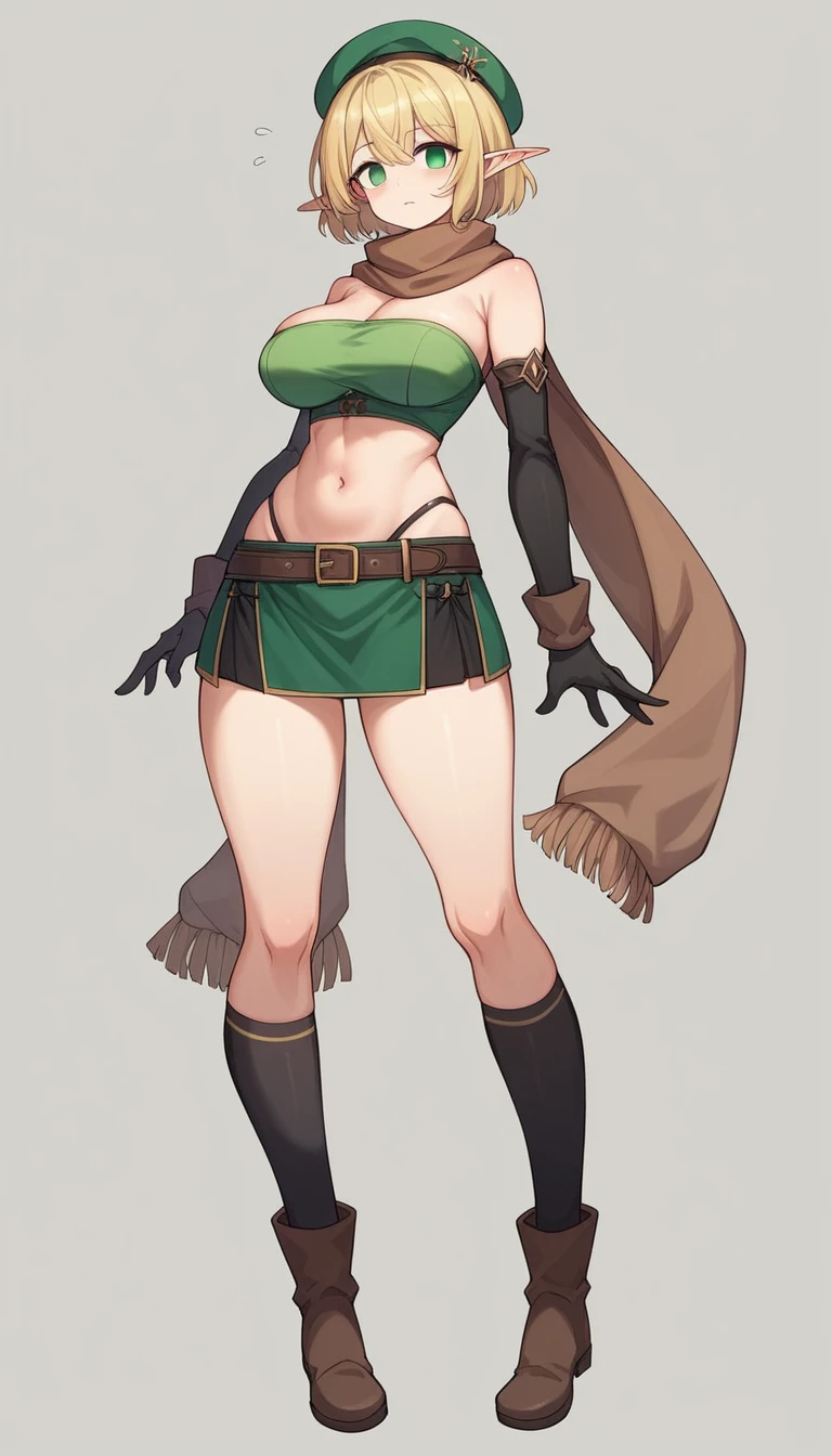 Elf、1 Female、female only、short hair、blonde、(slender)、Big Breasts、tall、empty eyes、Black elbow gloves、(((Black knee-high socks)))、little black beret、Brown scarf、Green tube top、Green mini skirt、Brown boots、(full body)、Are standing、Thin thighs、shoulder、belly button
