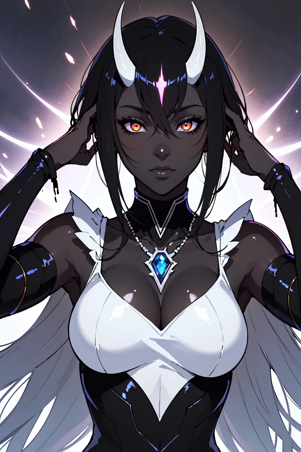 1girl, (masterpiece1.6, perfect face1.6), (((completely black skin tone1:3, dark elf))), (Short black hair), ((((glowing white eyes)))), ((perfection, black oni horns)), hourglass body, (((thicc, shiny skin, realistic skin texture, 90s style))), ((((black fancy dress)))), 8k, 4k resolution, highly detailed, (beautiful mature woman1.4, squinted eyes), ((Portrait)),