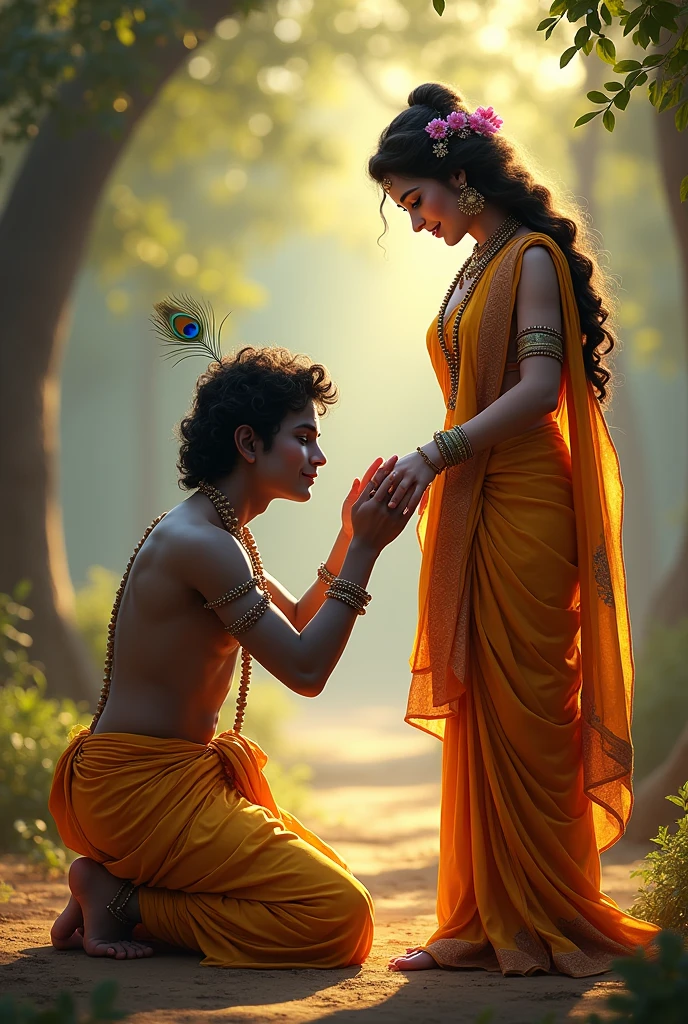 "A profound and touching scene depicting Lord Krishna bowing on his knees humbly before Shree Radha, touching her feet in a gesture of deep reverence and devotion. Krishna is shown with a serene and respectful expression, dressed in his traditional yellow dhoti with a peacock feather adorning his crown. His hands gently touch Radha’s feet, symbolizing his acknowledgment of her divine love and spiritual power.Shree Radha stands gracefully, her expression soft and benevolent, radiating compassion and love. She is adorned in a beautifully intricate saree, with delicate jewelry and flowers woven into her hair. Her posture is one of gentle acceptance.The background is a peaceful, divine setting, perhaps a grove in Vrindavan, with soft light filtering through the trees, casting a golden glow on the scene. The atmosphere is serene, filled with a sense of sacredness and the deep, spiritual bond between the two. The image captures the essence of humility, reverence, and the divine love that transcends worldly roles."