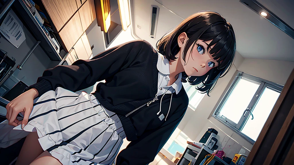Girl seen from the floor, It's okay to wear a skirt, View from below, I can see your pants, Medium chest, ((Very detailed)), (Perfectly detailed face), (Extremely elaborate hands), Photorealistic images,White panties,Under the skirt,lace panties on huge penis