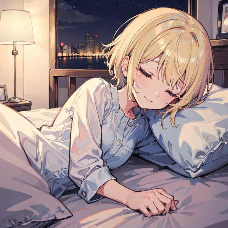 Girl　Sleeping　Happy sleeping face　At the bed　Inside the room　By night　Cloudy　Blonde　short hair