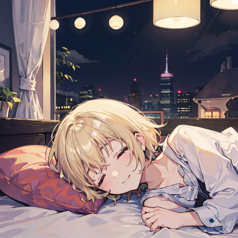 Girl Sleeping Happy sleeping face At the bed Inside the room By night Cloudy Blonde short hair