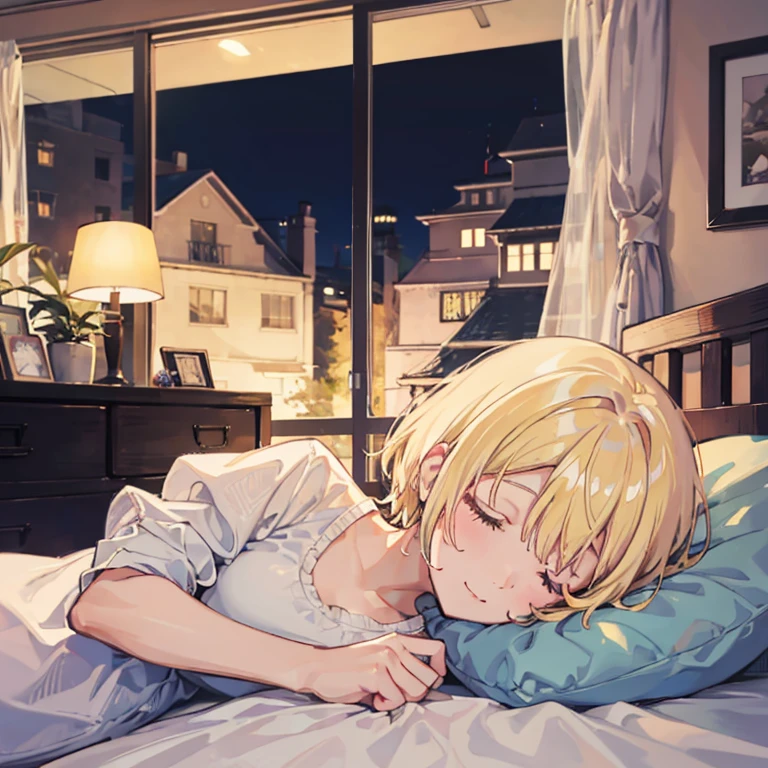 Girl Sleeping Happy sleeping face At the bed Inside the room By night Cloudy Blonde short hair