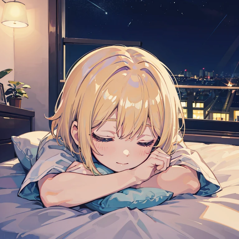 Girl Sleeping Happy sleeping face At the bed Inside the room By night Cloudy Blonde short hair