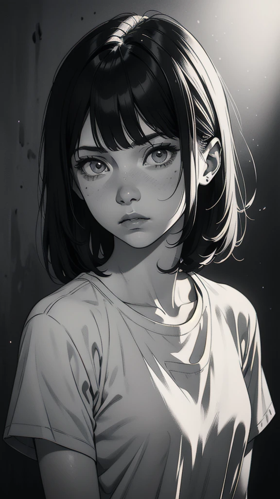 1 boyish girl, solo, sharp eyes, expressionless, monochrome, greyscale, short black hair, portrait, white T-shirt, closed mouth, looking at viewer, graphite \(medium\), detailed lips, hatching \(texture\), without makeup, bangs, upper body, (best illustration), (best quality), (very detailed), (masterpiece), expressionless,