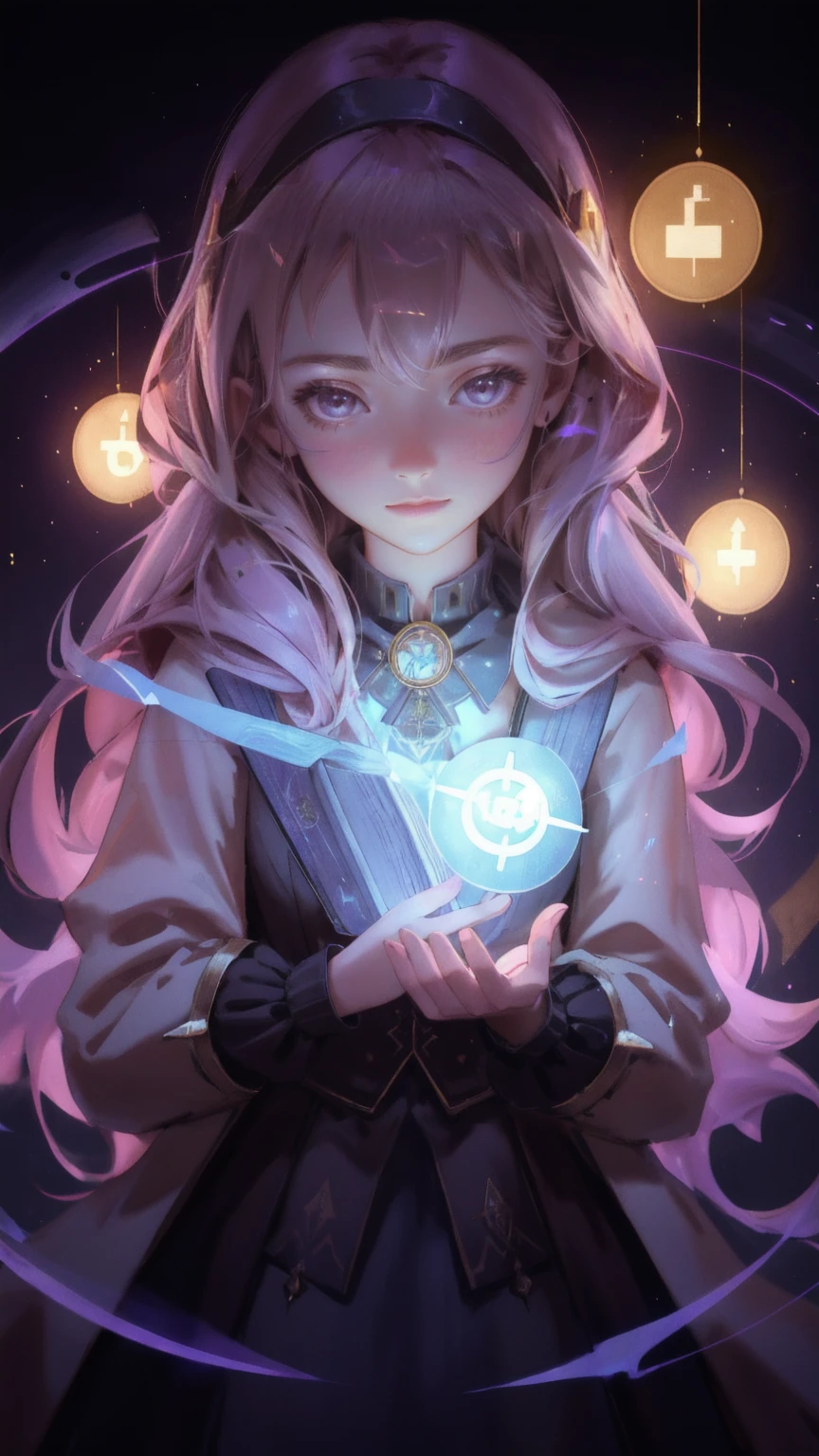 A young, enchanting female alchemist stands in a grand laboratory, surrounded by floating altcoins such as Bitcoin and Ethereum. She carefully mixes potions while arcane symbols glow around her. The atmosphere is filled with a magical aura, with intricate alchemical devices and ancient books scattered around. The background should be a warm brown, adding depth to the mystical scene of 'Altcoin Alchemy