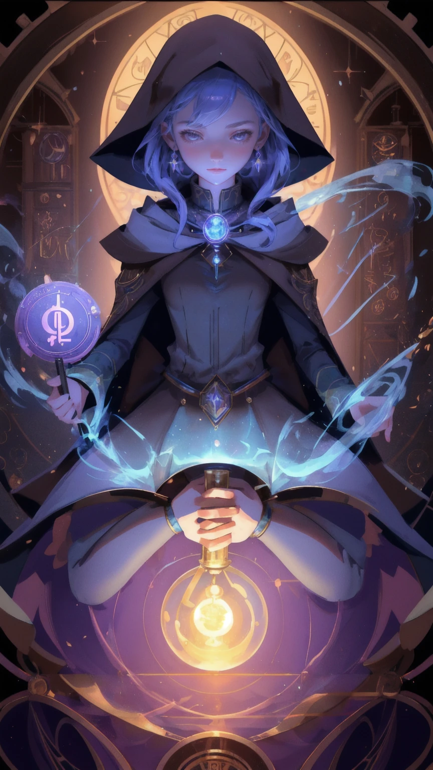 A young, enchanting female alchemist stands in a grand laboratory, surrounded by floating altcoins such as Bitcoin and Ethereum. She carefully mixes potions while arcane symbols glow around her. The atmosphere is filled with a magical aura, with intricate alchemical devices and ancient books scattered around. The background should be a warm brown, adding depth to the mystical scene of 'Altcoin Alchemy