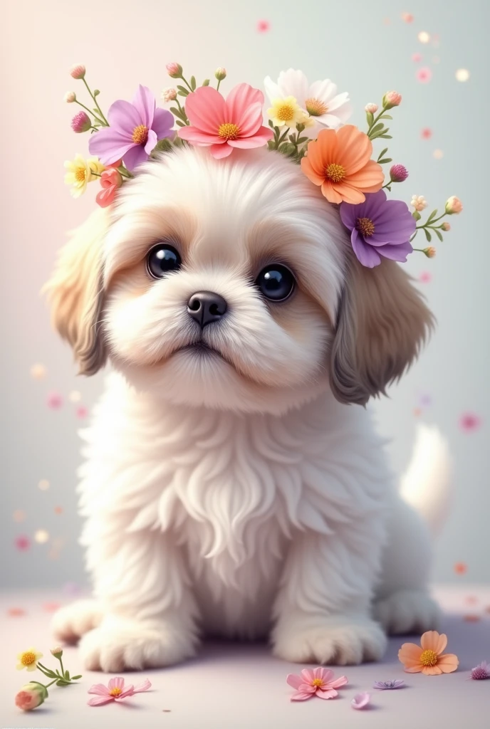 Generate image of a shitzu puppy with long white hair, flat snout, with a crown of colorful flowers on her head, cute and expressive look