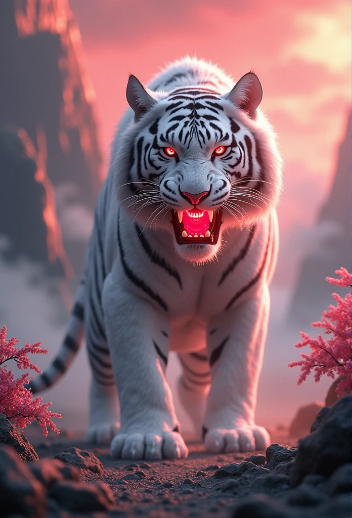 Chinese style,Chinese mythology,White Tiger,cough,violent,Huge,Eyes glow red,Glow effect,High Hill,clouds,night,Medium shot scenes,Like the whole body, Highly detailed surreal VFX,OC Rendering, - AR16:9 --q 2 --s 1000、Chinese tradition、Red Cloud、Money、cherry blossoms、3d、Highest quality、Background red、up