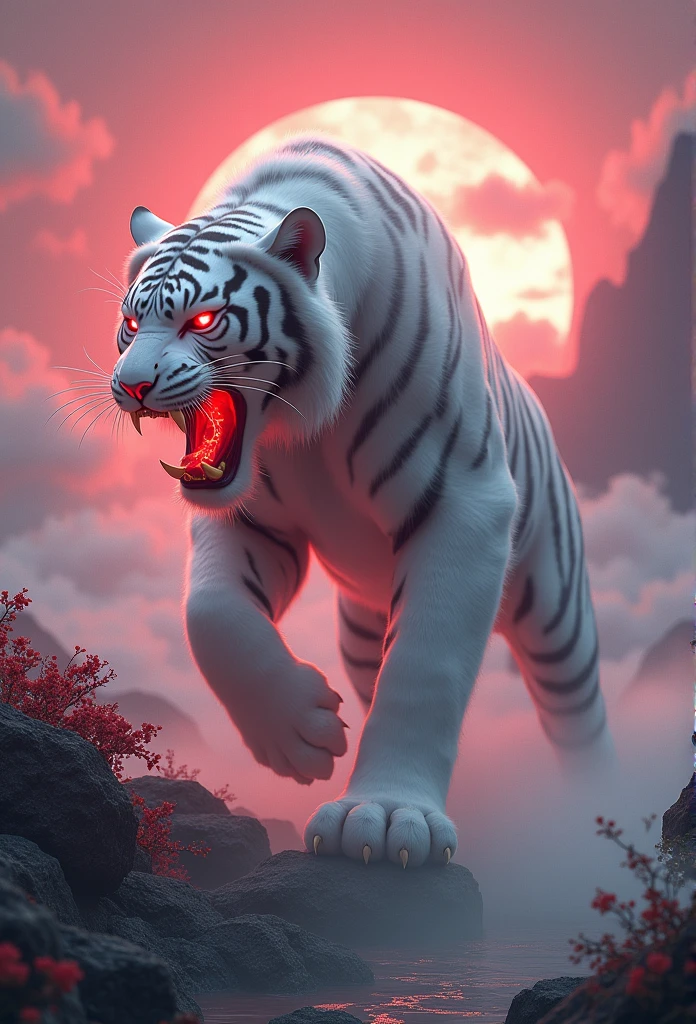 Chinese style，Chinese mythology，White Tiger，cough，violent，Huge，Eyes glow red，Glow effect，High Hill，clouds，night，Medium shot scenes，Like the whole body， Highly detailed surreal VFX，OC Rendering， - AR16:9 --q 2 --s 1000、Chinese tradition、Red Cloud、Money、cherry blossoms、３d、Highest quality、Background red、up