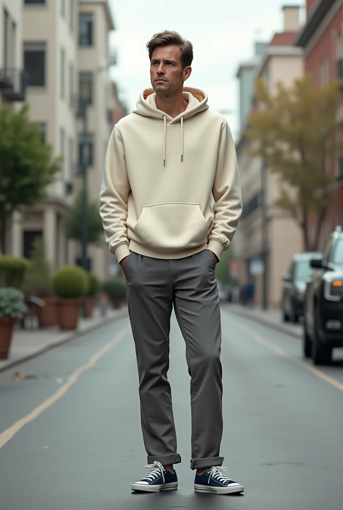 A 30 year old man in a quiet street, wearing cream coloured slim fit hoodie, grey chinos and navy plimsols, full body, looking at viewer