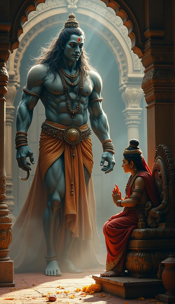 “Arrival of Lord Shiva”: Lord Shiva entering the home and encountering the statue of Ganesh with a look of surprise and confusion.