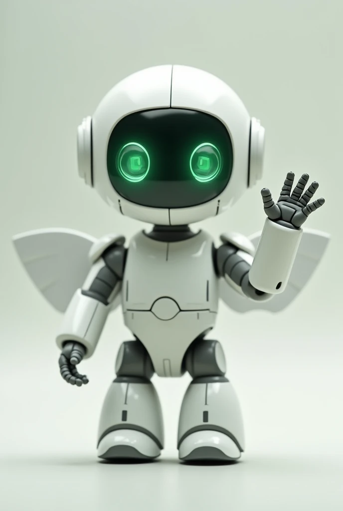 a small white robot with green eyes, no human face and wings, which are closed. waving from right hand