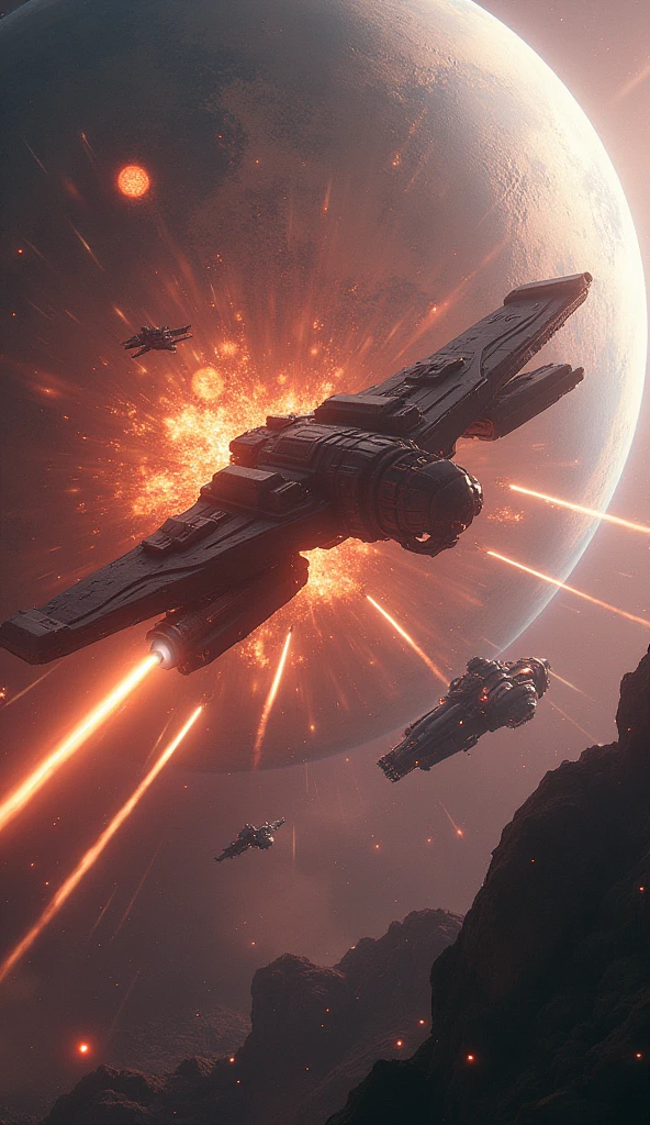 Star Wars, Futuristic sci-fi space battle, very detailed, A magnificent and gigantic satellite planet, Fierce battles, Glowing energy weapon, Powerful Explosion, dramatic lighting, cinematic composition, Change color palette, realist rendering, Intricate mechanical details, Sense of scale and grandeur, (best quality,4K,8k,high resolution,masterpiece:1.2),very detailed,(realist,photorealist,photo-realist:1.37)