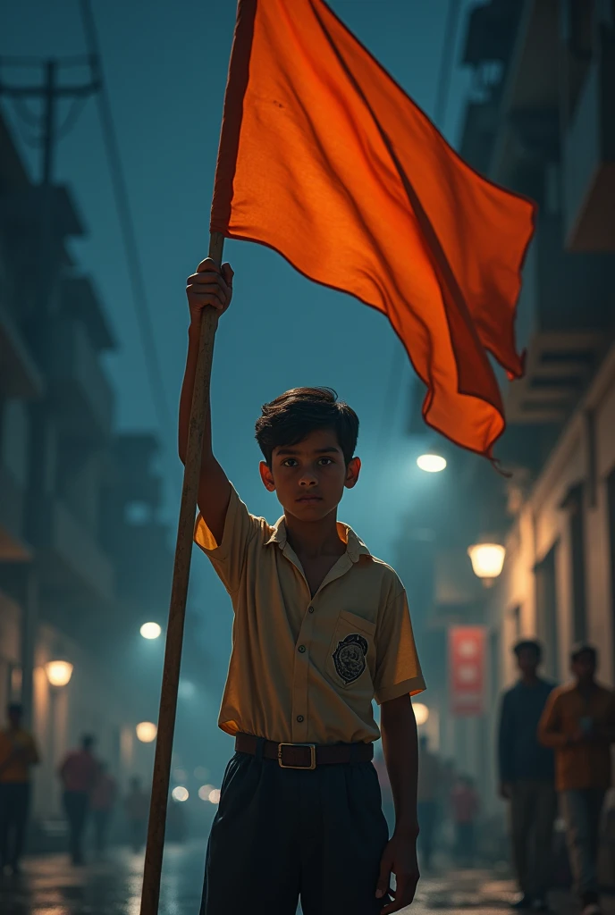 A boy in student outfit Night Scene in hand Bhagwa