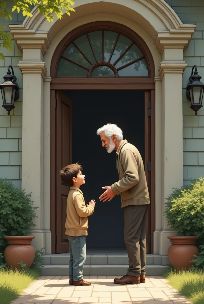 The owner of the large house, an elderly, kind-looking man with white hair and a gentle smile, notices the boy. The man is standing near the entrance of his house, and he asks the boy a question, with a caring expression on his face. The boy, surprised but hopeful, responds with a respectful nod