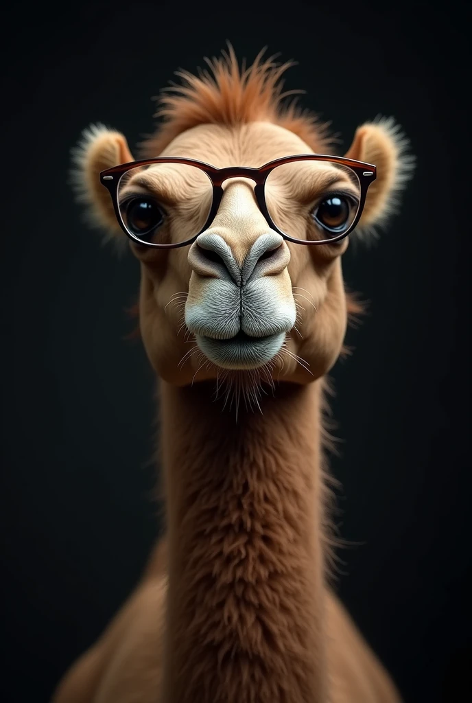 
Camel with study glasses and   realistic black background 
