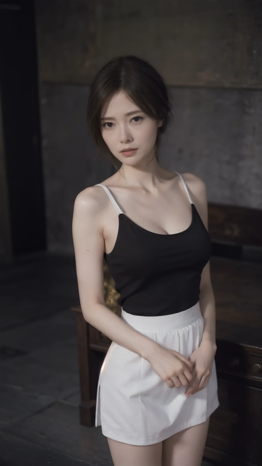 ((1girl)), woman, masterpiece, best quality, highest quality, cinematic lighting, (volumetric lighting), extremely detailed CG unity 8k wallpaper, focused, 8k wallpaper, extremely detailed, ultra realistic, photorealistic, sharp focus, absurdres, (HDR:1.2), (high contrast), photograph, detailed and intricate, instagram, portrait, highly detailed, digital painting, artstation, concept art, smooth, sharp focus, illustration, cinematic lighting, (big breast:1.2), (((skinny, super slim legs))), (japanese idol posture), (knit strap tanktop, short pants, cleavage), looking at the viewer, (I don't see arms)), ((Standing)), ((Medium body shot, hip level shot))