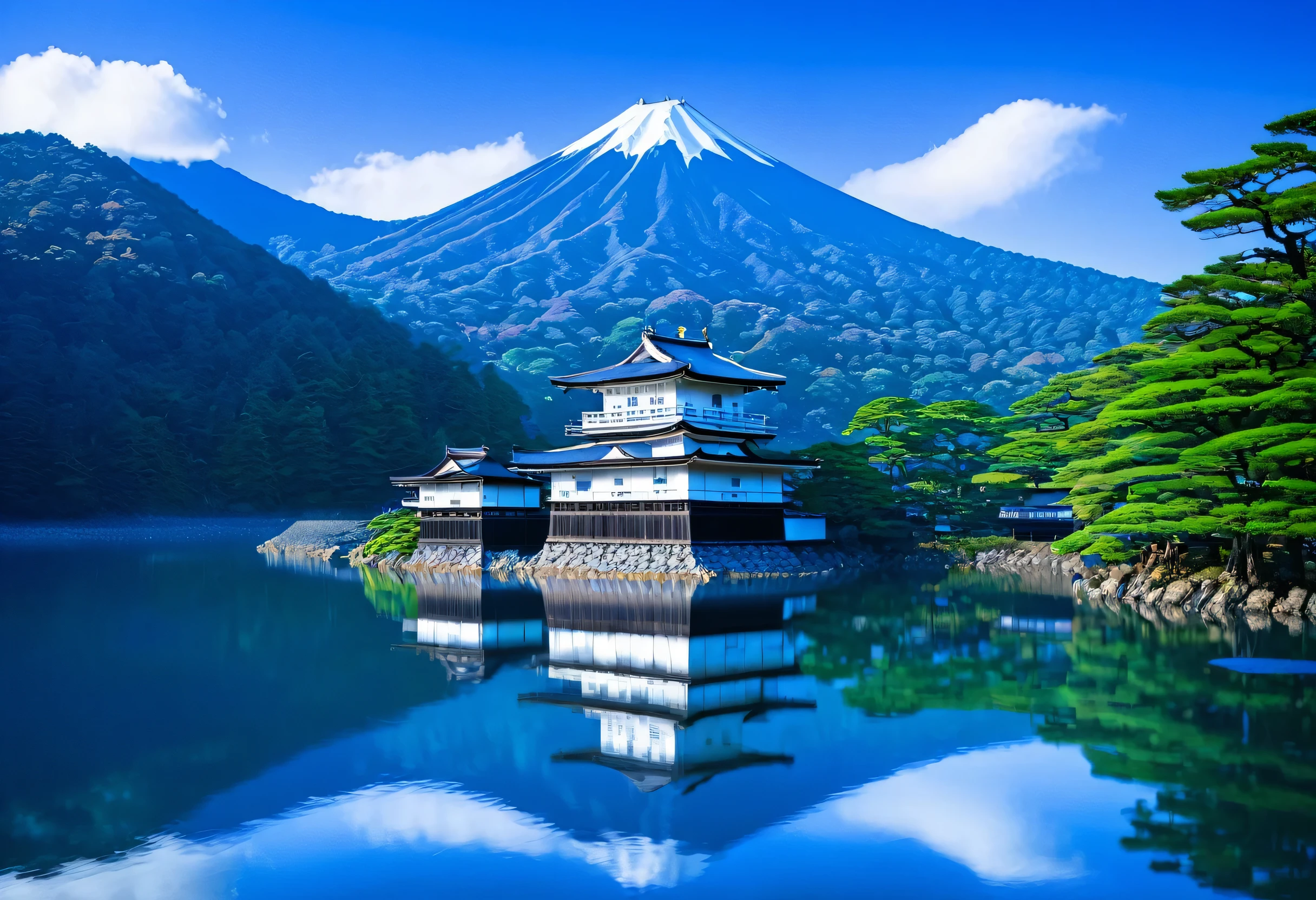 This landscape features a stunning royal blue castle from Japan's Sengoku period. The deep azure tones enhance the castle's majesty and mystery, creating a striking contrast with the surrounding mountains and sky. The castle's reflection on the serene water adds an ethereal beauty, making it appear as though it belongs to another world. Through this puzzle, you can immerse yourself in the sublime yet fleeting beauty of the Sengoku era.