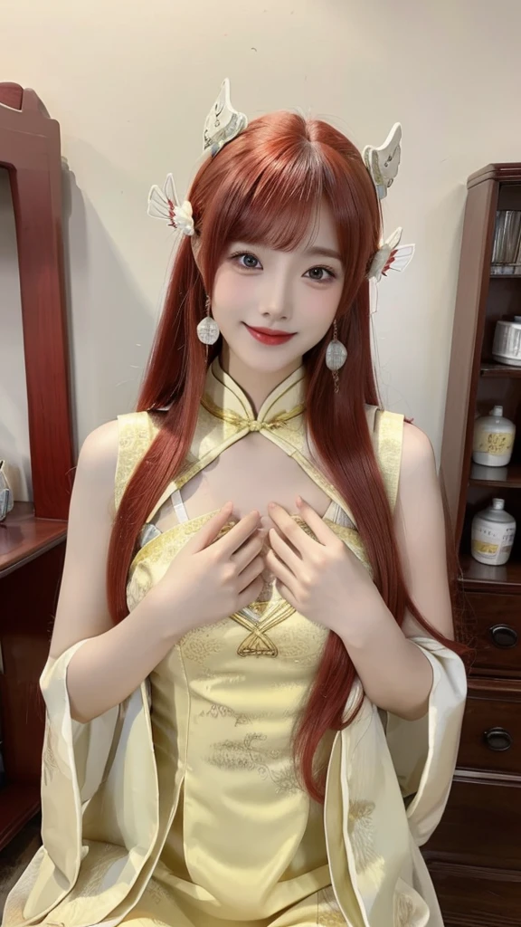 1girl, solo, dress, red hair, china dress, chinese clothes, long hair, realistic, hair ornament, looking at viewer, yellow dress, hand on own chest, indoors, sleeveless, smile