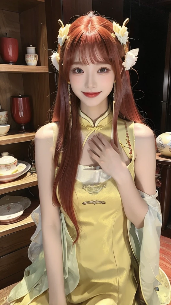 1girl, solo, dress, red hair, china dress, chinese clothes, long hair, realistic, hair ornament, looking at viewer, yellow dress, hand on own chest, indoors, sleeveless, smile