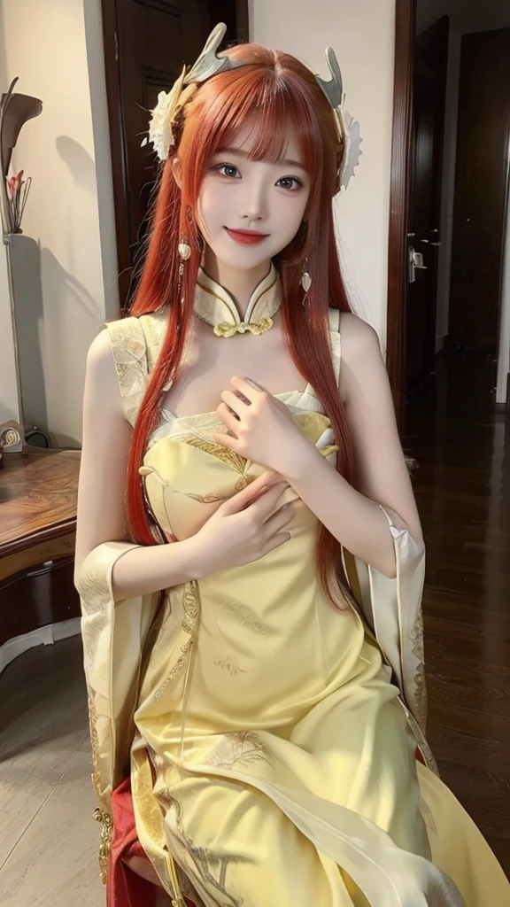 1girl, solo, dress, red hair, china dress, chinese clothes, long hair, realistic, hair ornament, looking at viewer, yellow dress, hand on own chest, indoors, sleeveless, smile