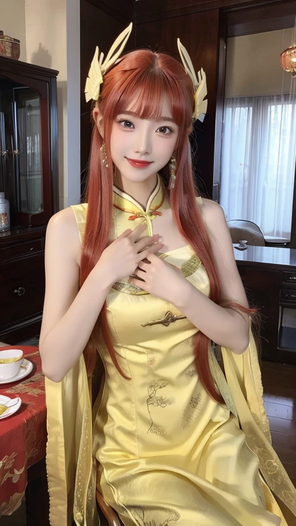 1girl, solo, dress, red hair, china dress, chinese clothes, long hair, realistic, hair ornament, looking at viewer, yellow dress, hand on own chest, indoors, sleeveless, smile