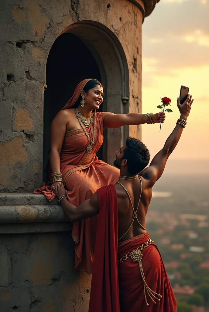 A dramatic selfie taken by a joyful, full-figured busty Sri Lankan woman adorned in ancient jewelry and traditional robes. She leans gracefully from a window of a tall, weathered stone tower, which has an abandoned and dusty appearance. Below her, a muscular Sri Lankan prince, dressed in regal ancient robes, is crawling up along the walk of the tower, holding a rose between his lips as he reaches out toward her,sunset,evening sky,