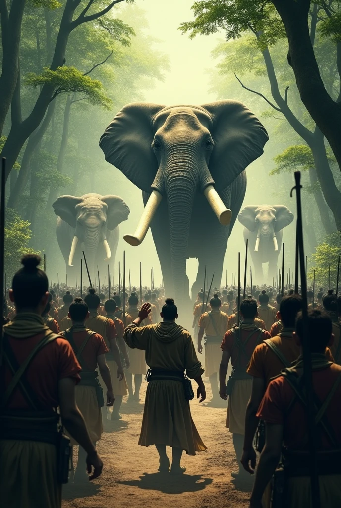 Scene 7: An Unexpected Encounter
As the army marches deeper into the jungle, they suddenly encounter a group of wild elephants blocking their path. The elephants, startled by the presence of the soldiers, begin to trumpet loudly, threatening to charge. The soldiers momentarily freeze, unsure of what to do. Nandimithra steps forward once again, his calm demeanor contrasting with the chaos around him. He raises a hand, signaling the soldiers to stay back while he slowly approaches the lead elephant