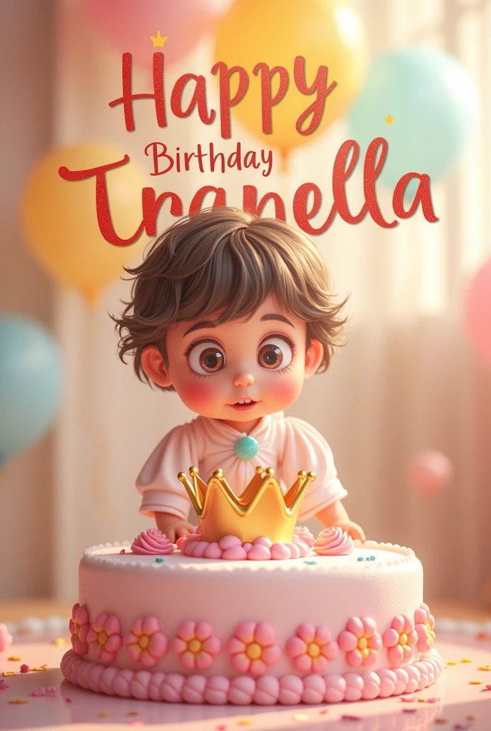 Design the word happy birthday baby Tranella  @ 1 with a crown 