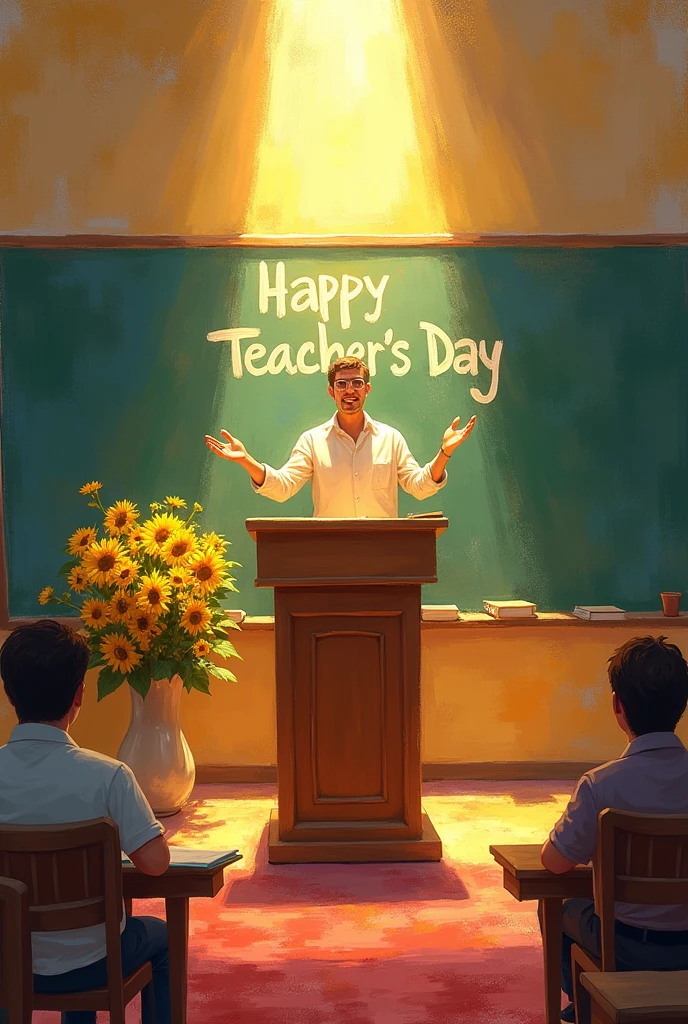 Teacher's Day,In the morning, a teacher was standing in front of the podium and giving a lecture.,There is a bunch of sunflower flowers on the podium,The sun shines on the teacher and the flowers,The atmosphere of light and shadow is strong,Some halo in the foreground,author monet,Impressionism,painting,Texture,Colorful blackboard with "Happy Teacher's Day" written on it,Fashion magazine style
